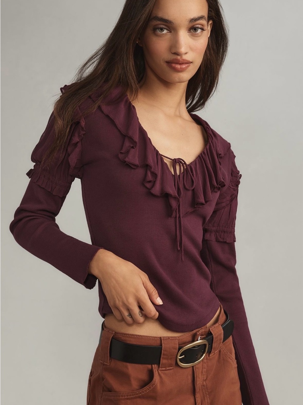 Anthropologie Plum Ruffle V-Neck Long Sleeve Top